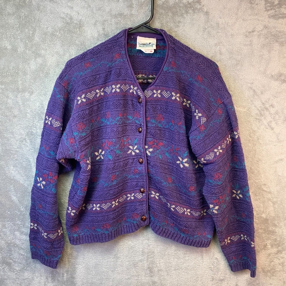Northern Reflections Womens Small Purple Geometric Knit Button Cardigan USA